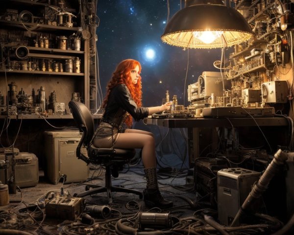 Woman at desk surrounded by electronic equipment in dimly lit room with night sky view.