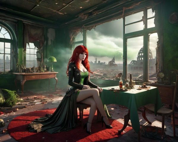 Red-haired woman in green dress at cluttered table in dilapidated room with city view
