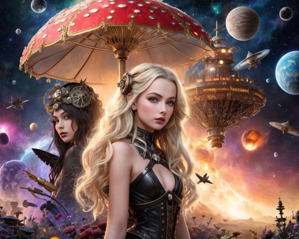 Steampunk Women Under Mushroom Umbrella in Cosmic Scene