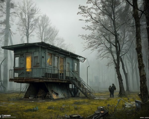 Person near dilapidated stilt house in misty forest with debris
