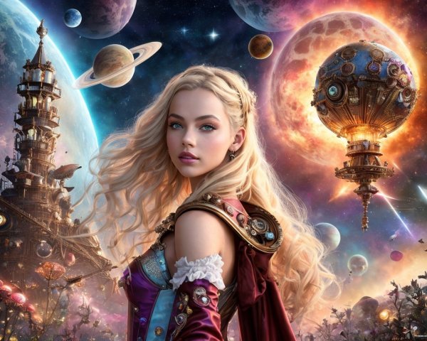 Fantasy Artwork of a Steampunk Woman with Cosmic Elements