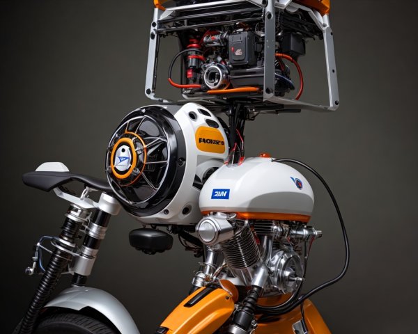 Humanoid Robot on Vintage Orange and White Motorbike