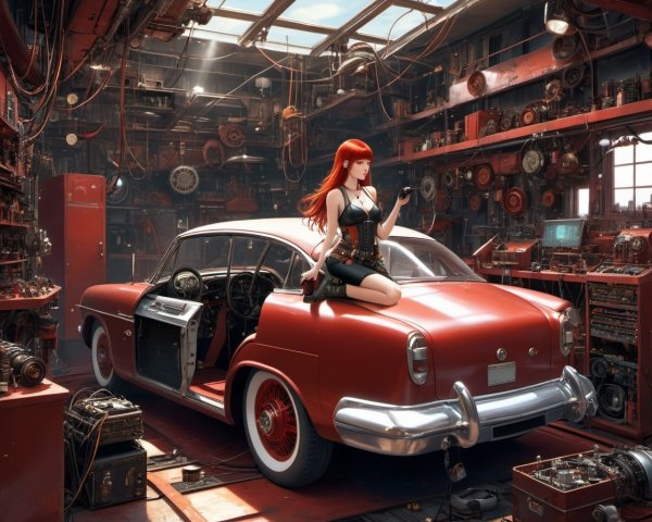 Red-haired woman in black outfit on vintage car in retro-futuristic garage.