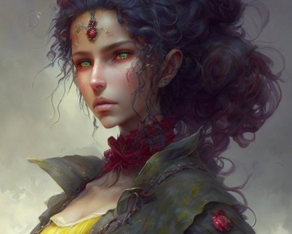 Fantasy artwork of a woman with green eyes and curly dark hair adorned with yellow flowers, wearing torn
