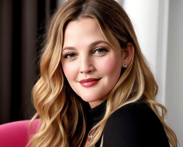 Smiling Woman with Blonde Hair in Black Top and Makeup