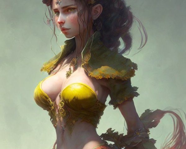 Fantasy illustration of woman in ornate golden attire with red hair and gears.