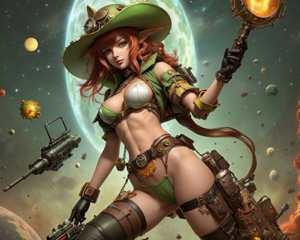 Stylized female character in sci-fi outfit with weapon