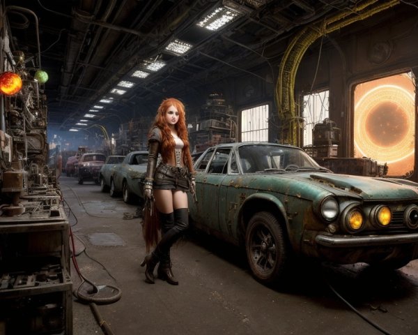 Red-haired woman in black corset and shorts poses next to vintage green car in industrial workshop