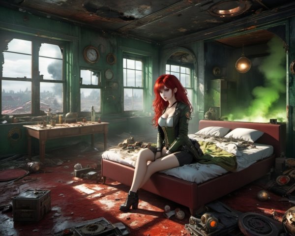 Red-haired woman in green dress pensive on bed in cluttered room