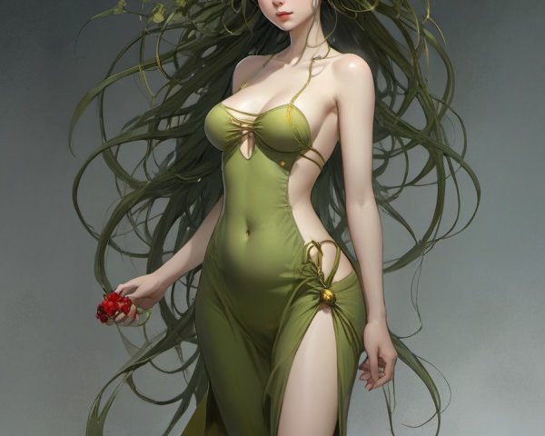 Fantastical Female Figure with Vine-Like Hair and Nature Dress