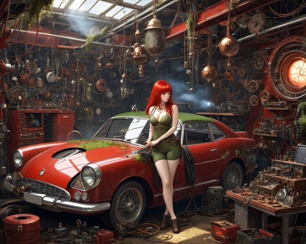Red-haired woman in green dress by classic car in steampunk workshop