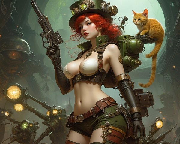 Red-haired woman in steampunk attire with gun and cat in mechanical gear backdrop