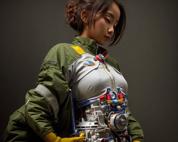 Cyborg Woman with Mechanical Torso in Green Jacket