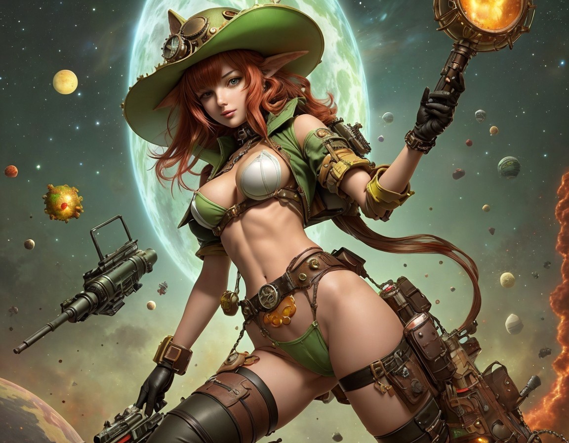 Stylized female character in sci-fi outfit with weapon