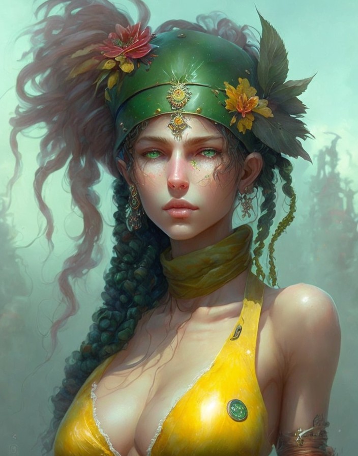 Digital artwork of woman with green headband, floral decoration, intricate facial jewelry, and yellow top