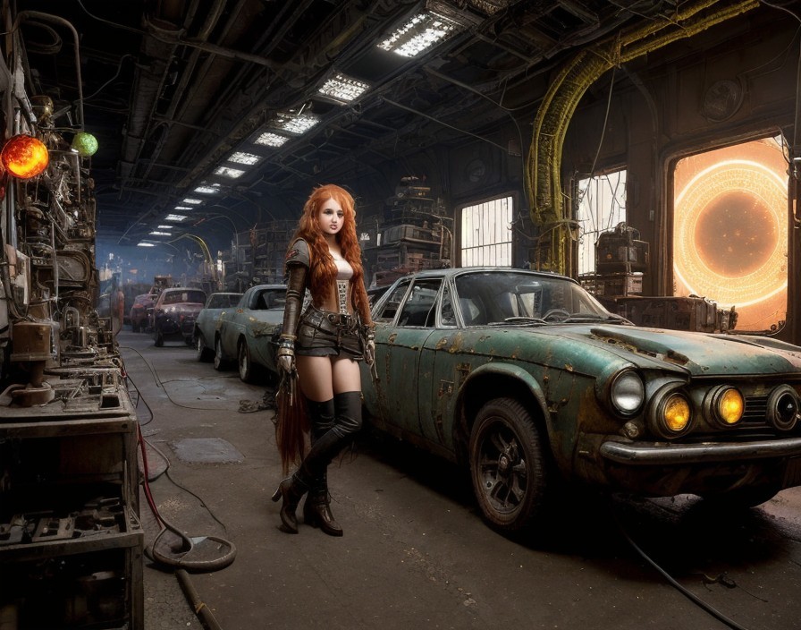 Red-haired woman in black corset and shorts poses next to vintage green car in industrial workshop