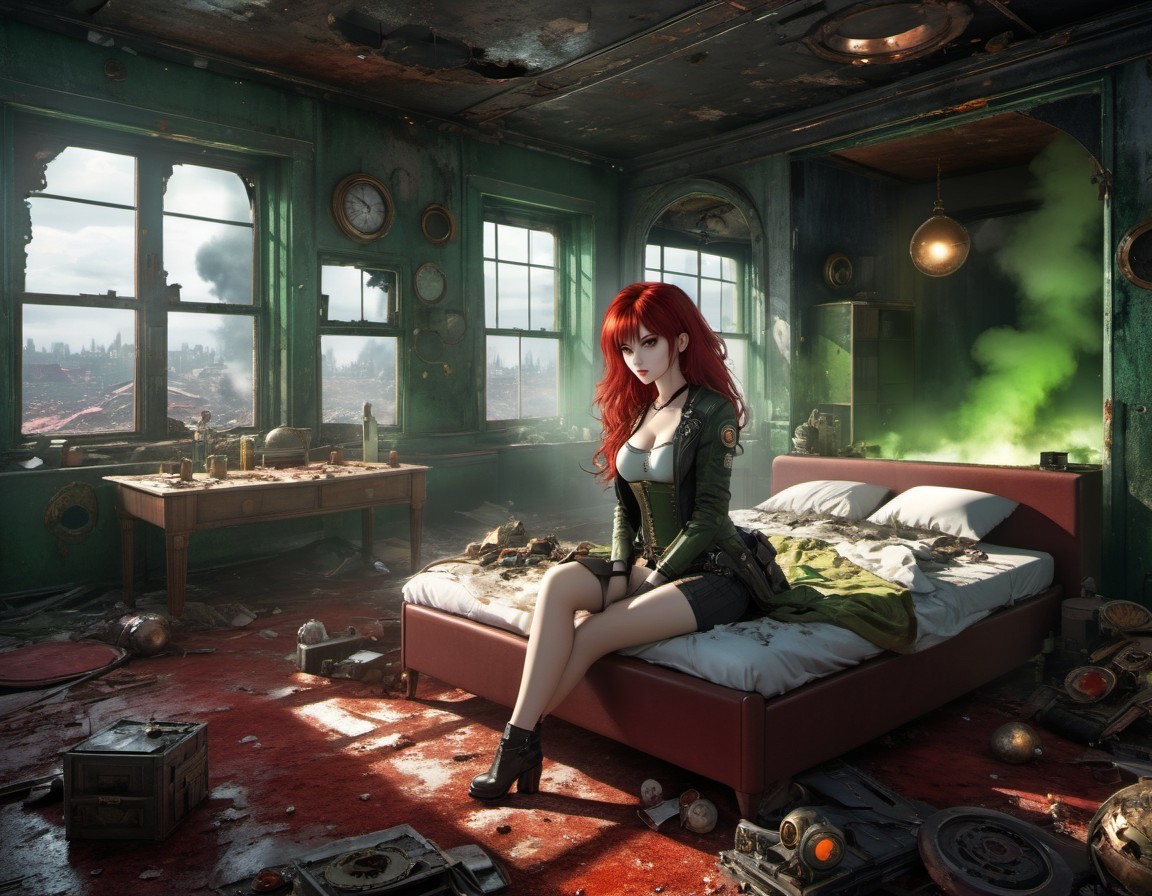 Red-haired woman in green dress pensive on bed in cluttered room