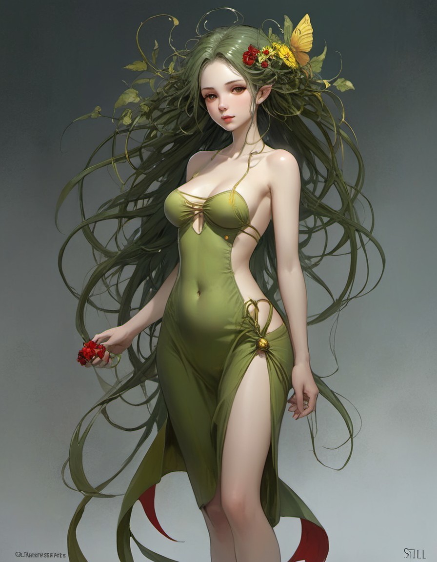 Fantastical Female Figure with Vine-Like Hair and Nature Dress