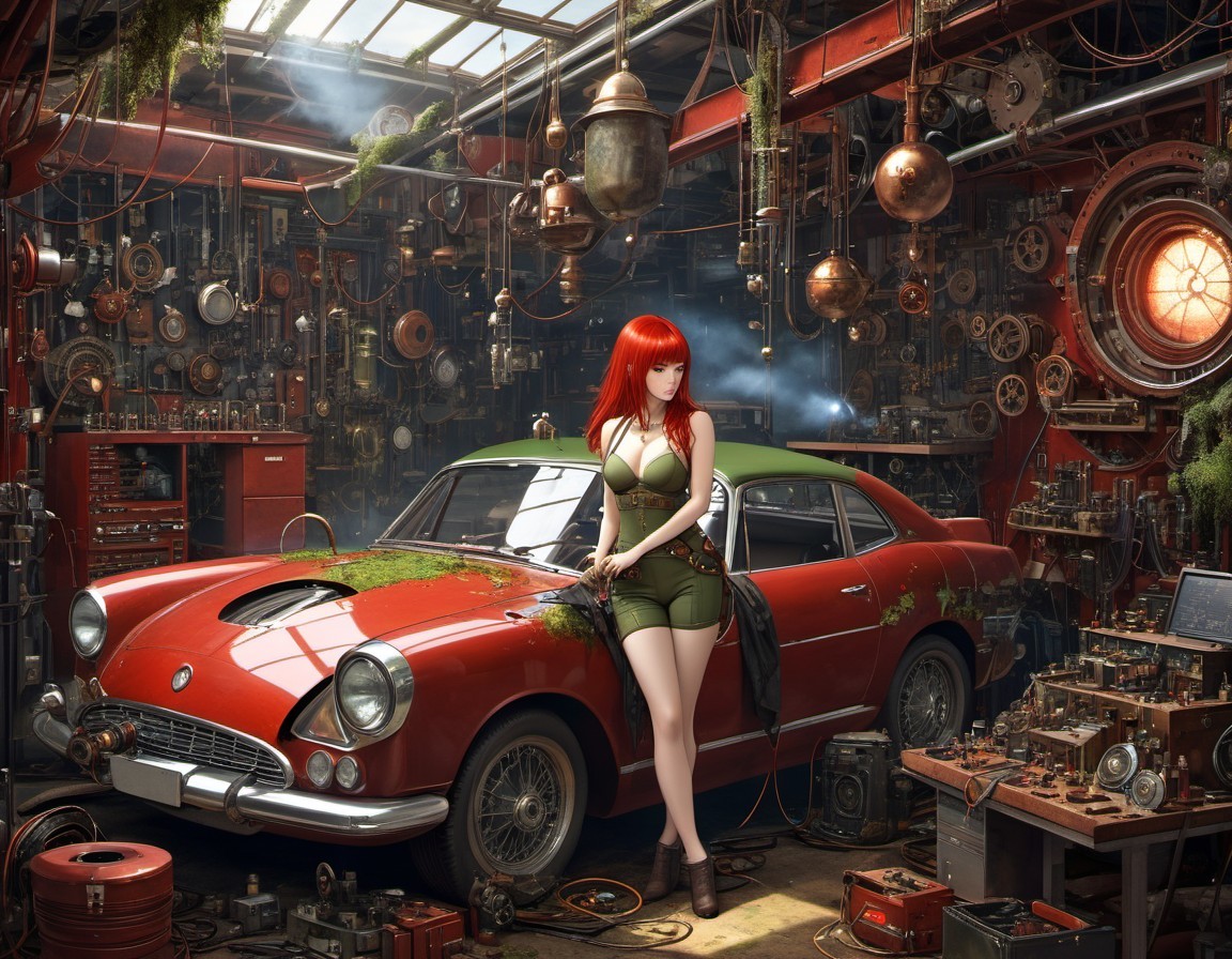 Red-haired woman in green dress by classic car in steampunk workshop