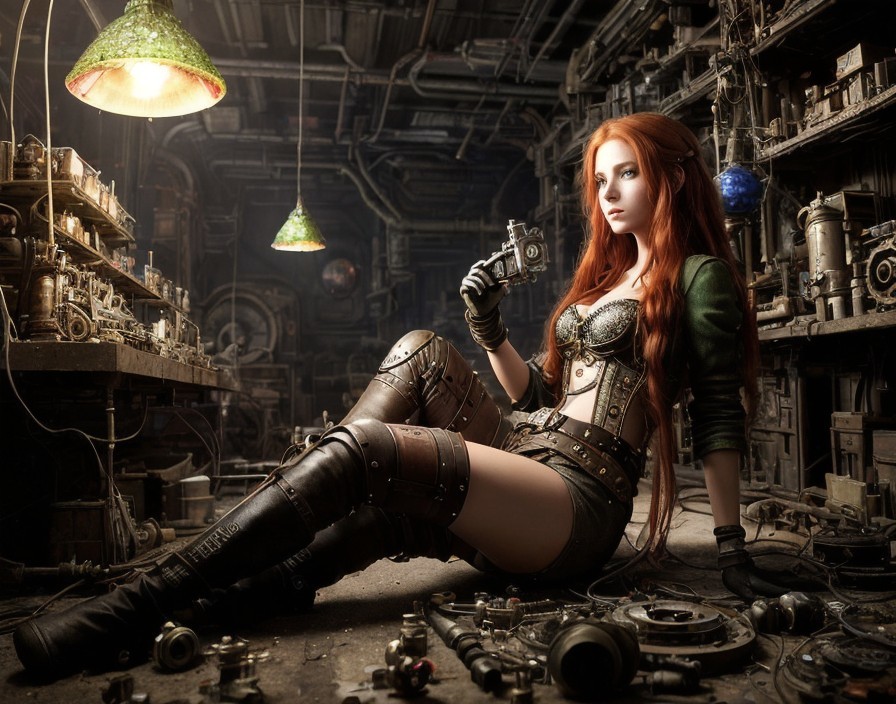 Red-haired woman in steampunk attire with gun in mechanic workshop