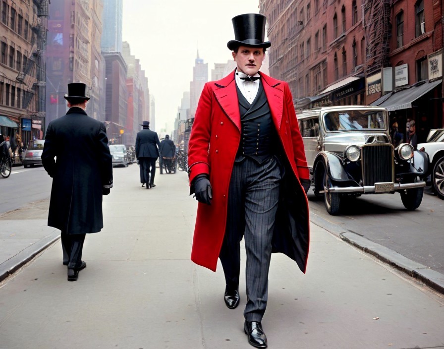Dapper Gentleman in Red Coat on Urban Street Scene