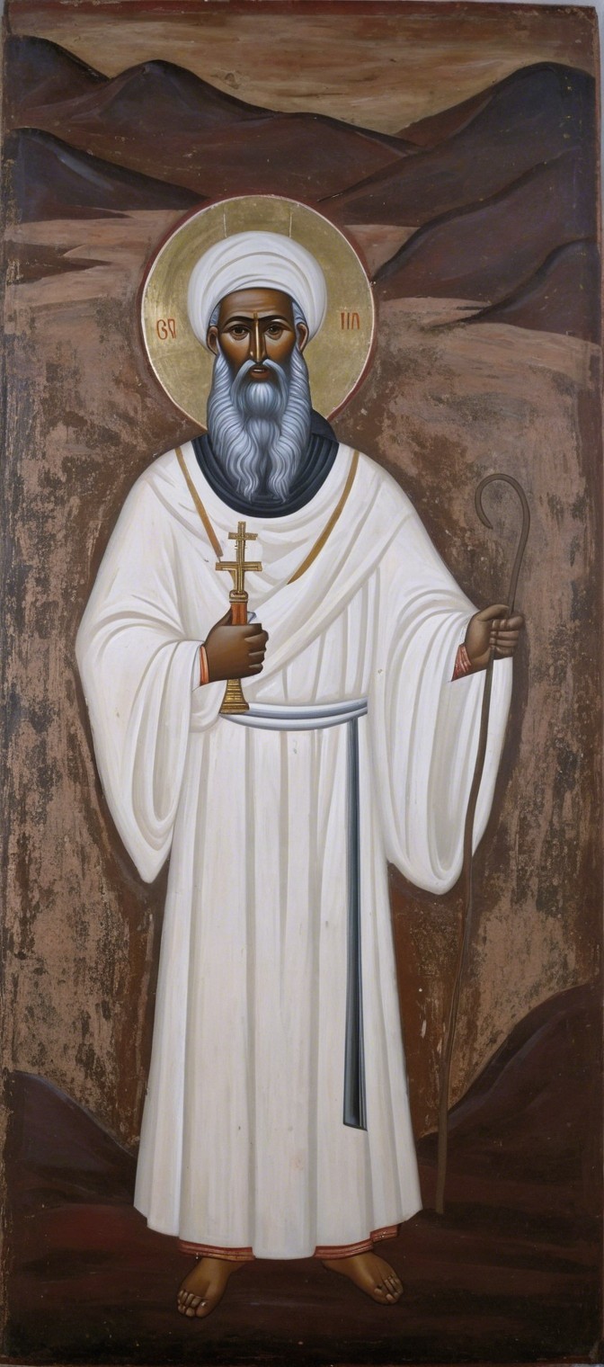 Religious figure in white robe with cross and staff