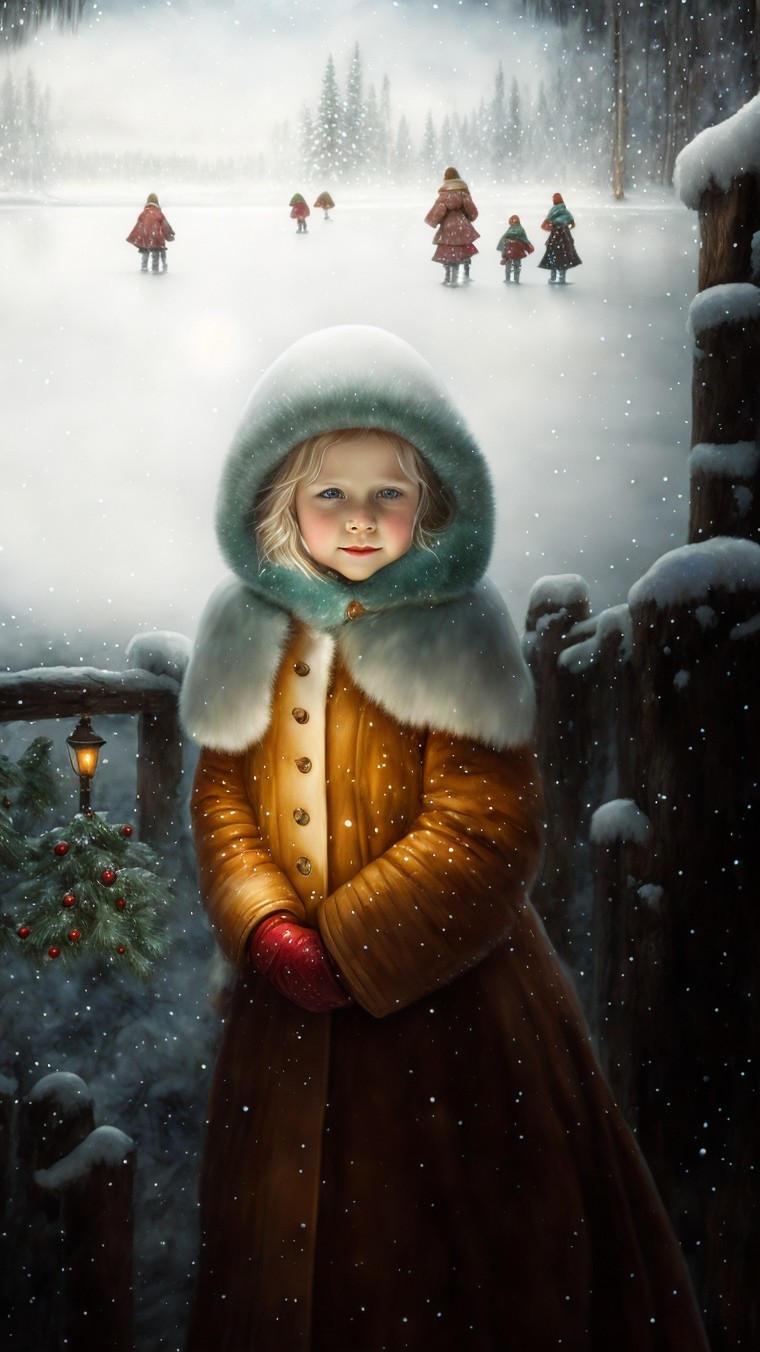 Young Girl in Golden Coat in Snowy Landscape