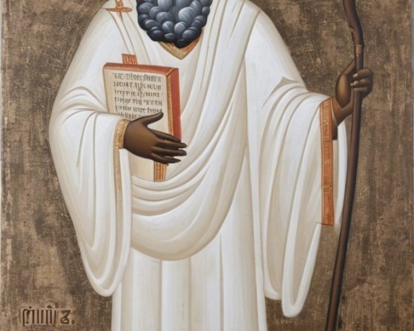 Religious figure in white robe with scroll and staff
