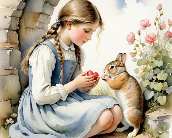 Young girl with braided hair beside rabbit and roses