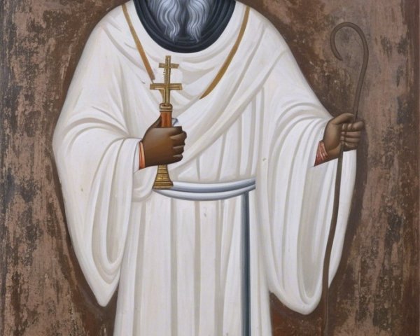 Religious figure in white robe with cross and staff