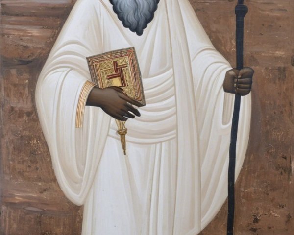 Saintly Figure in White Robes with Book and Staff
