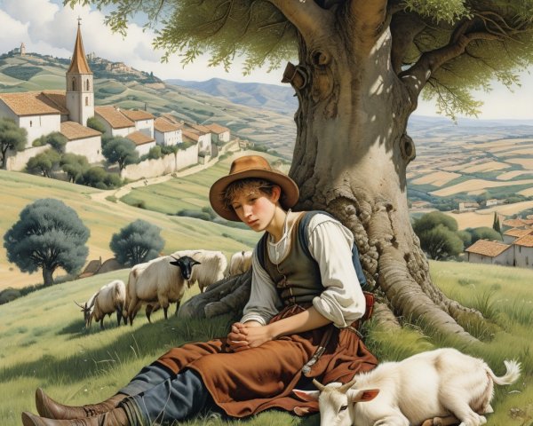 Pastoral Scene of a Boy, Goat, and Grazing Sheep