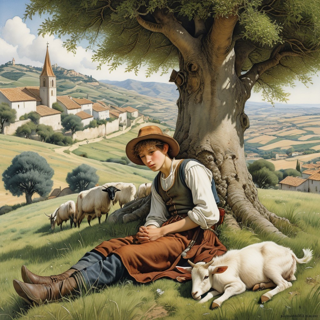 Pastoral Scene of a Boy, Goat, and Grazing Sheep
