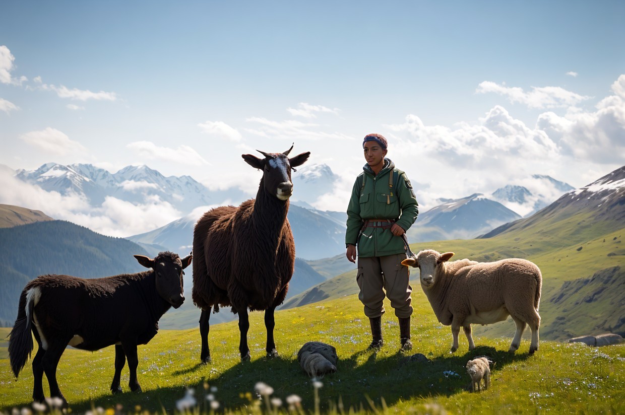 Outdoor gear person with llama, goats, sheep, and mountains