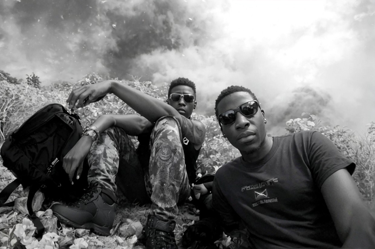 Hikers resting under cloudy sky with sunglasses
