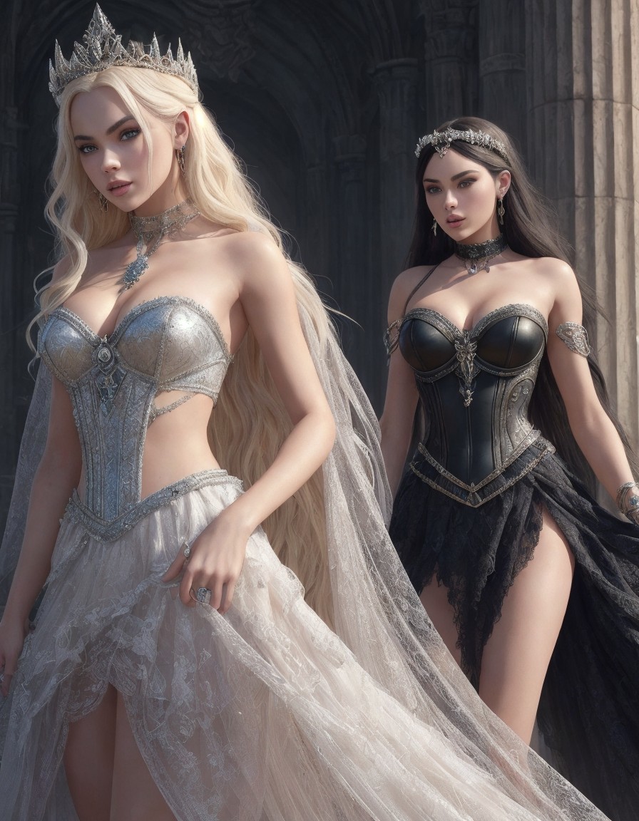 Two women in fantasy costumes with crowns against a gothic backdrop