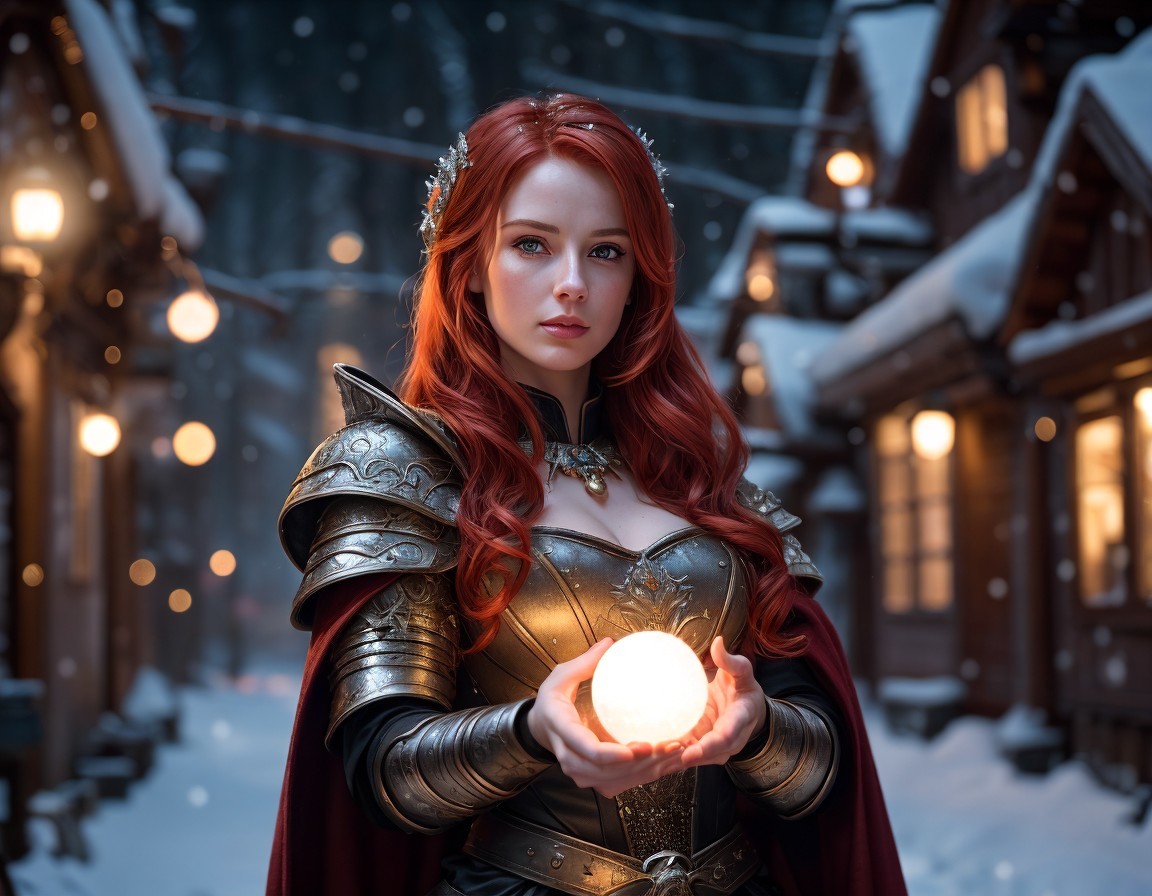 Red-haired woman in medieval armor holds glowing orb in snowy village at dusk