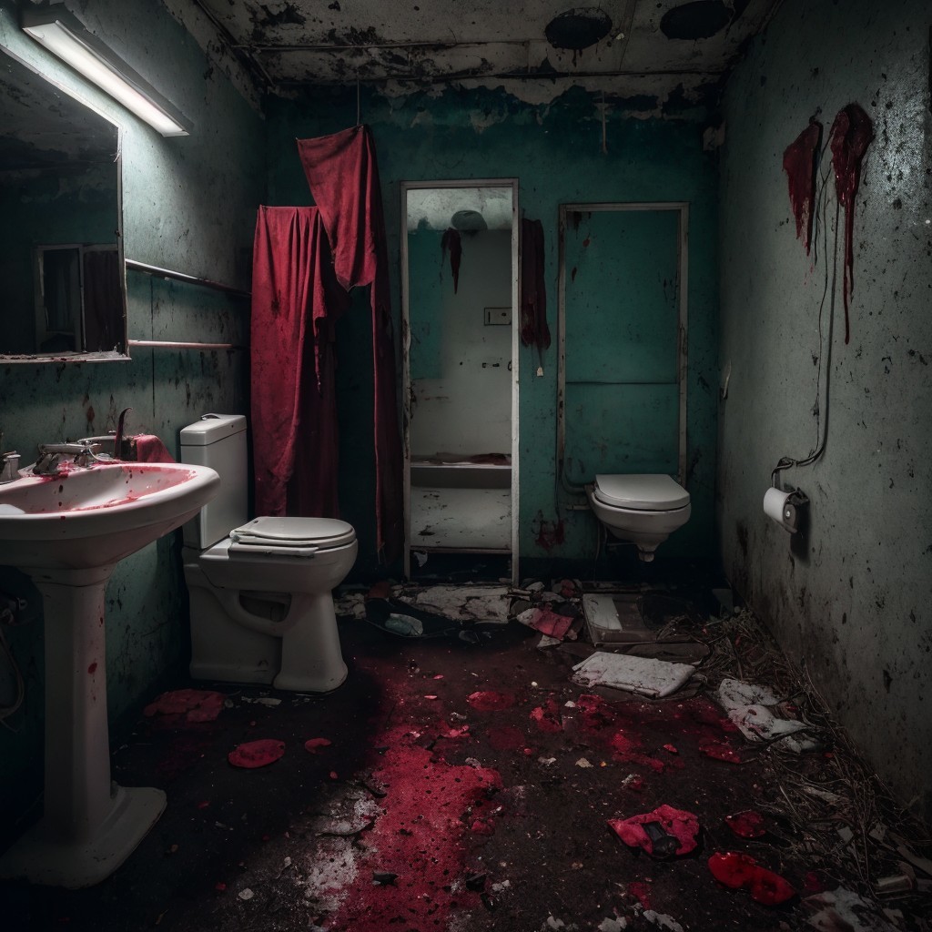 Abandoned bathroom with discolored walls and broken fixtures