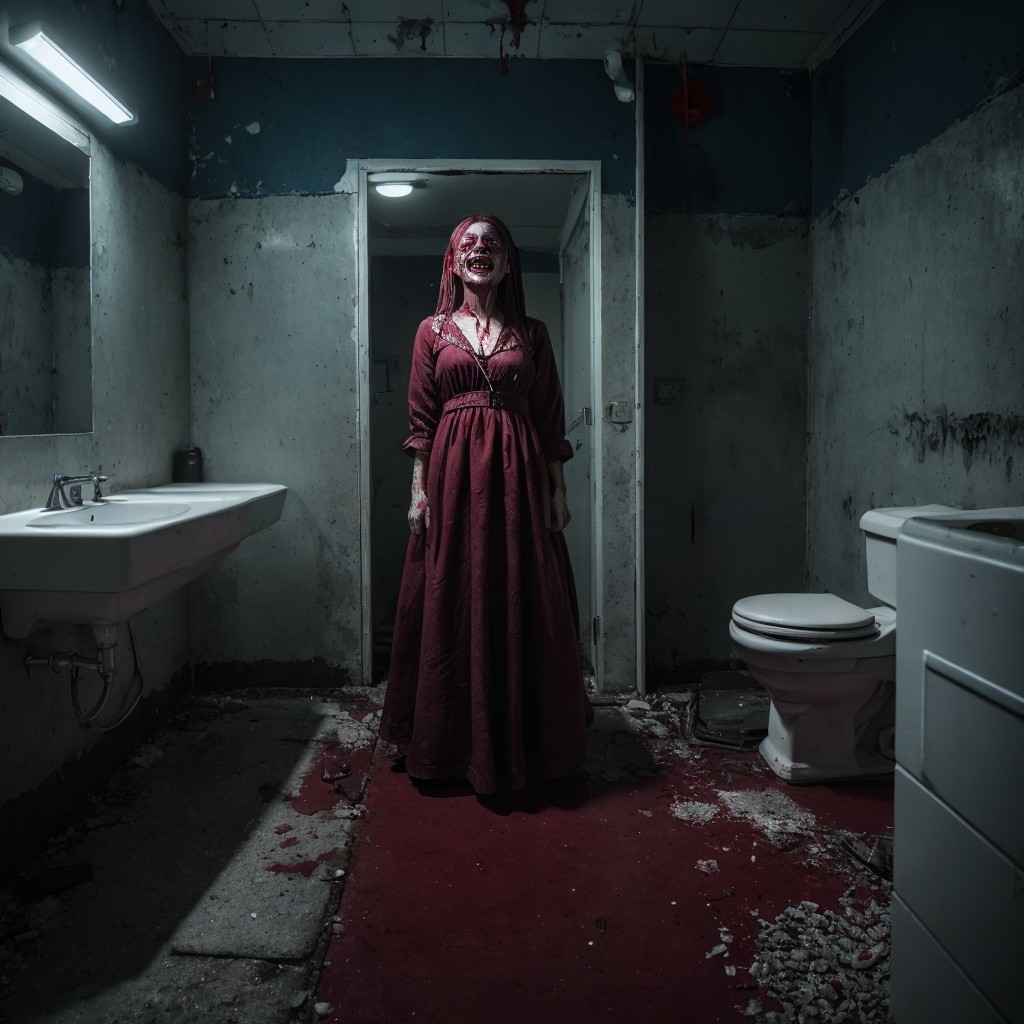 Person in costume in eerie bathroom with blood-like stains