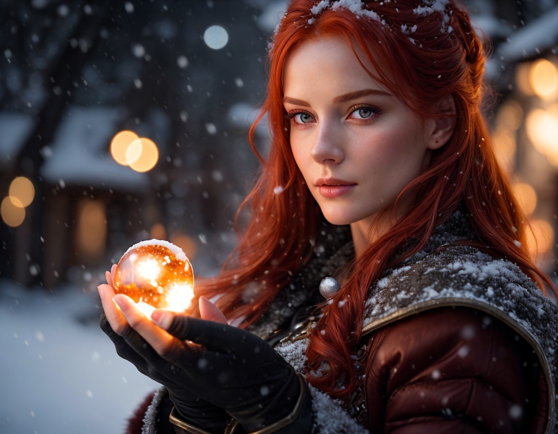Red-haired woman holding glowing orb in snowy setting with warm lights