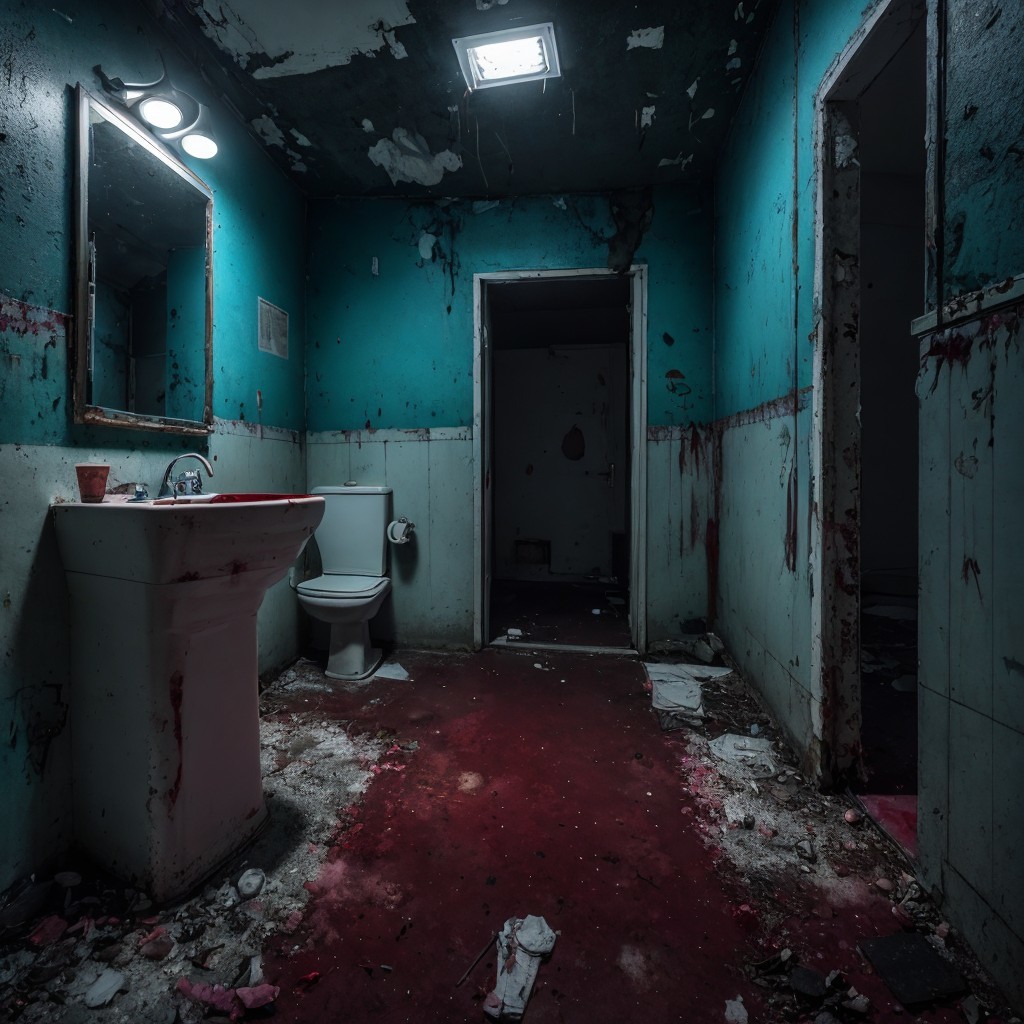 Abandoned bathroom with peeling turquoise paint, debris, dirty toilet, sink, and light
