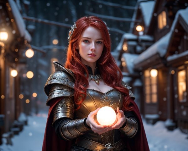 Red-haired woman in medieval armor holds glowing orb in snowy village at dusk