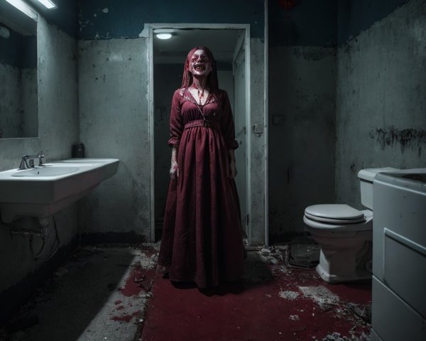 Person in costume in eerie bathroom with blood-like stains