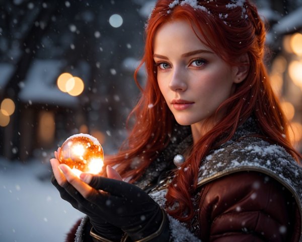 Red-haired woman holding glowing orb in snowy setting with warm lights