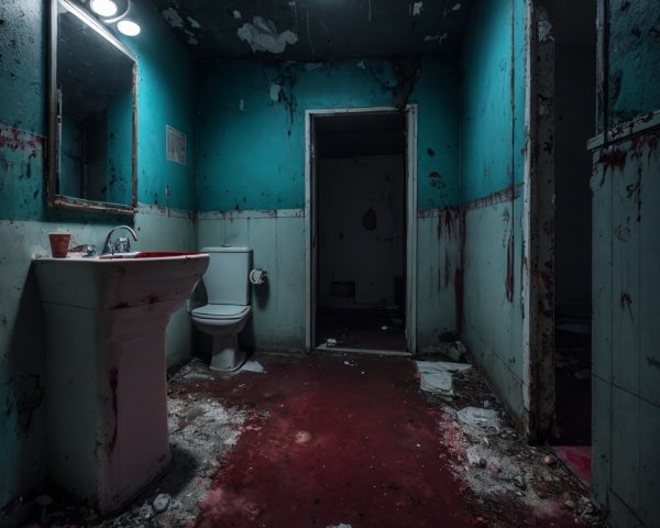 Abandoned bathroom with peeling turquoise paint, debris, dirty toilet, sink, and light