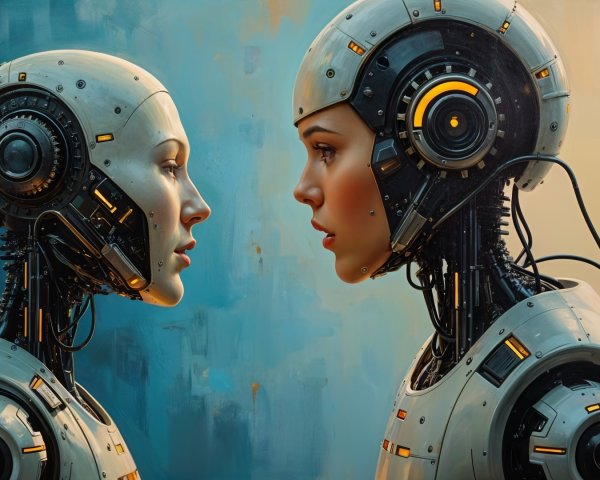 Humanoid Robots with Metallic Shells in Futuristic Setting