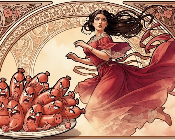 Art Nouveau Illustration of Woman and Angry Sausages