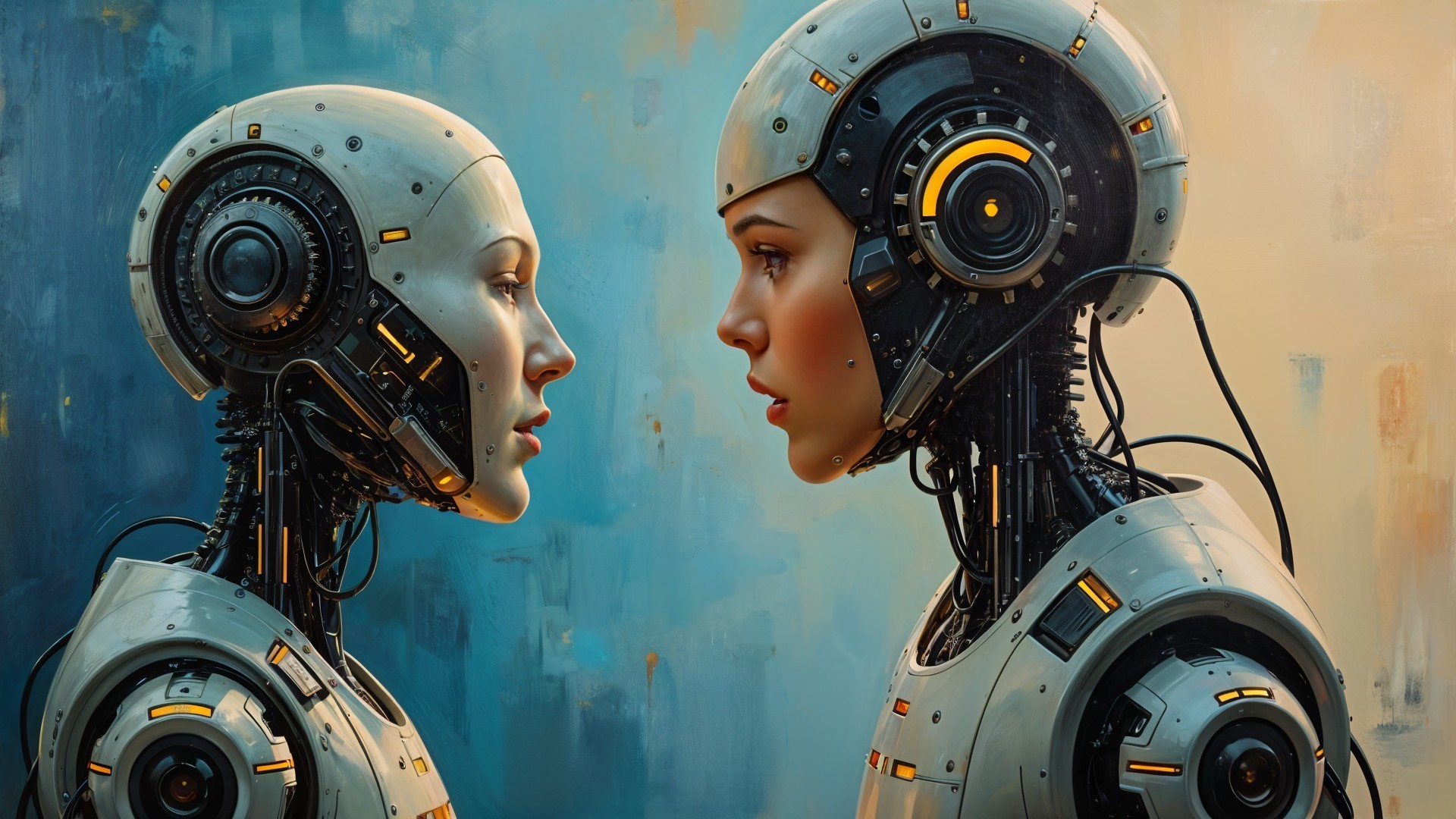 Humanoid Robots with Metallic Shells in Futuristic Setting