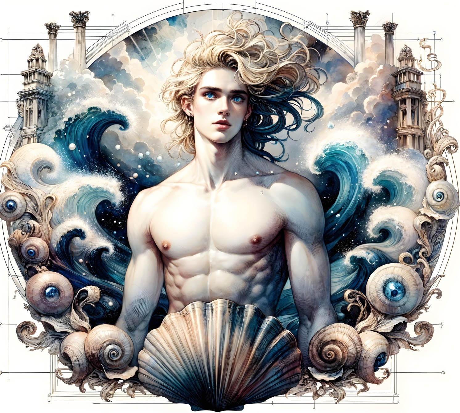 Muscular Young Man Emerges from Seashell in Ocean Scene