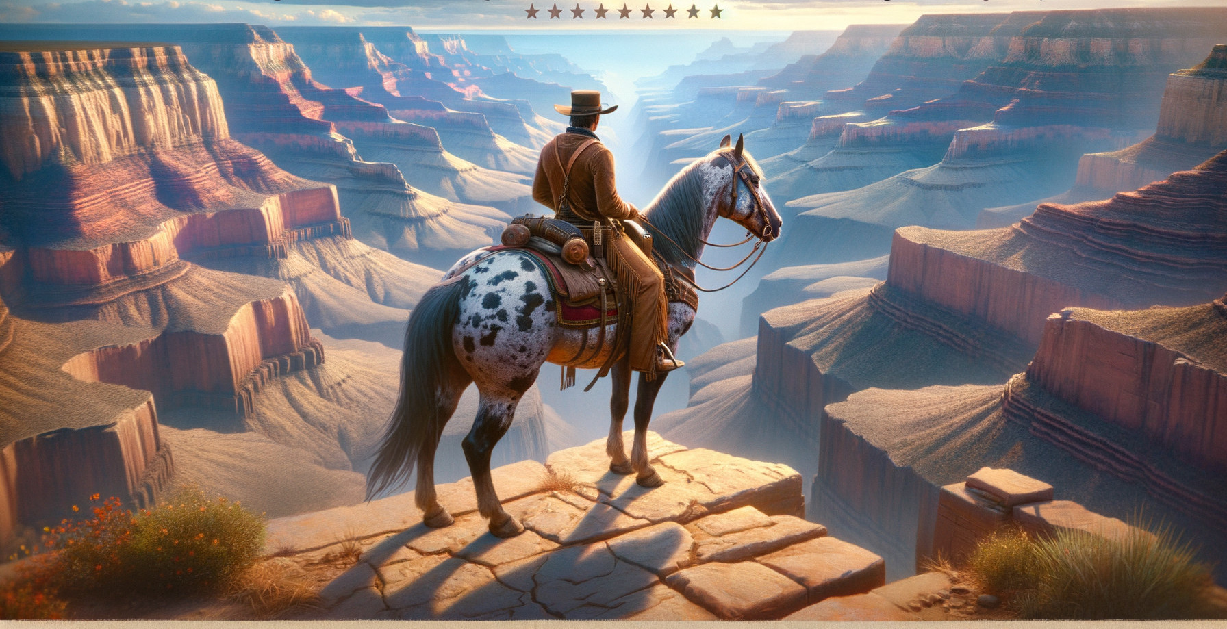 Spotted horse cowboy gazes at vast canyon at golden hour